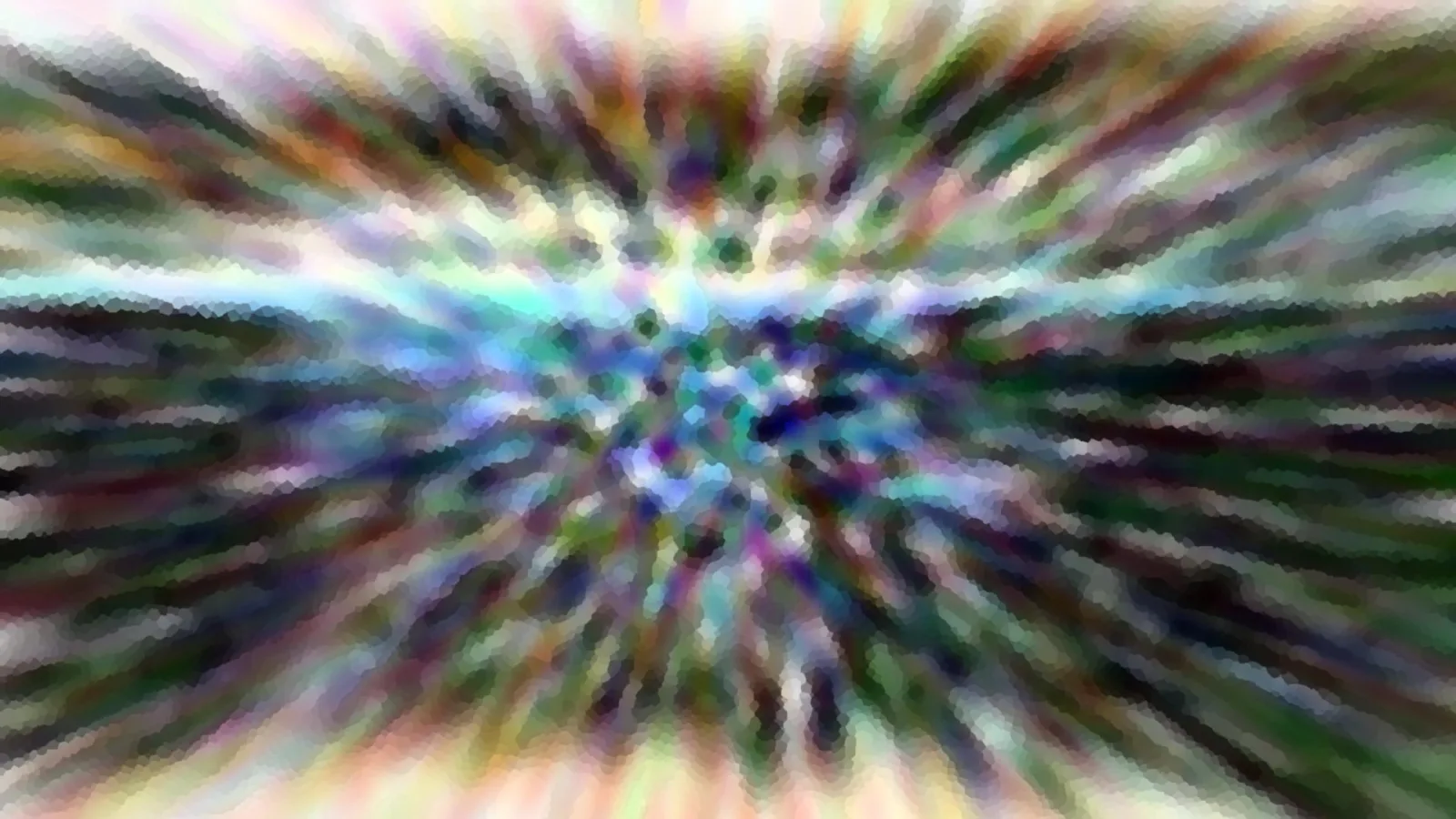 Abstraktes Bild mit bunten, radial von einem Zentrum nach außen laufenden Schlieren in Grün, Blau, Violett und Weiß, dazu eine mosaikartige Pixelstruktur.