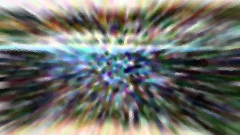 Abstraktes Bild mit bunten, radial von einem Zentrum nach außen laufenden Schlieren in Grün, Blau, Violett und Weiß, dazu eine mosaikartige Pixelstruktur.
