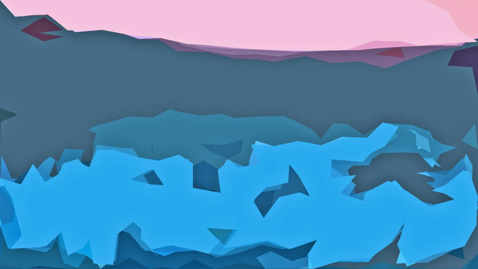 Abstrakte Landschaft aus kantigen Dreiecksflächen: oben ein rosa Himmel, darunter graue und petrolfarbene Berge, im Vordergrund leuchtend blaue, zerklüftete Flächen.