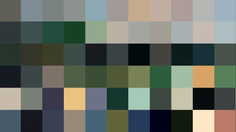 Raster aus Quadraten in gedämpften Grün-, Grau- und Blautönen, durchsetzt von einzelnen hellen Beige- und Orangetönen.