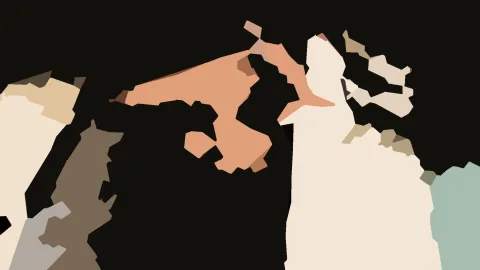 Abstrakte Komposition aus flachen, unregelmäßigen Formen in Beige, Terrakotta, Salbeigrün und Graubraun auf schwarzem Grund.