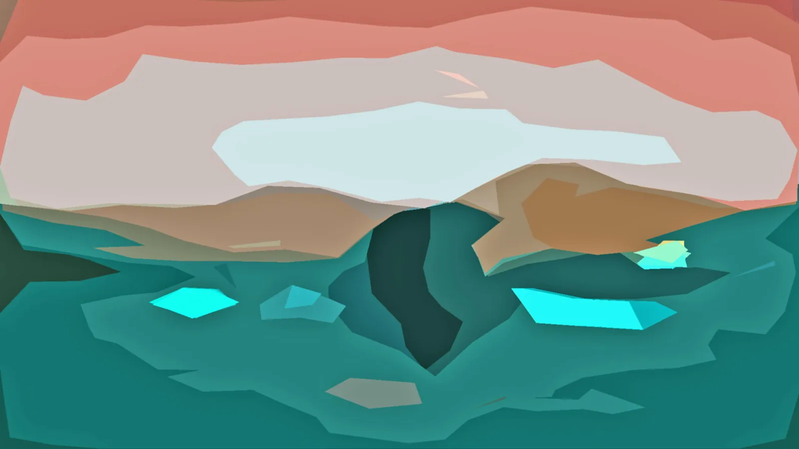 Abstrakte Landschaft mit korallrotem Himmel, heller Wolkenfläche, braunen Hügeln und türkisfarbenem Gewässer mit leuchtend cyanfarbenen Akzenten.