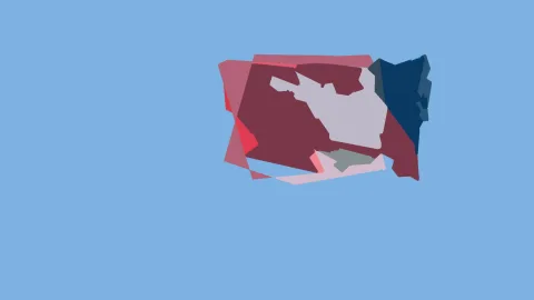 Abstrakte Komposition aus überlappenden roten, rosafarbenen, grauen und dunkelblauen Flächen auf hellblauem Hintergrund.