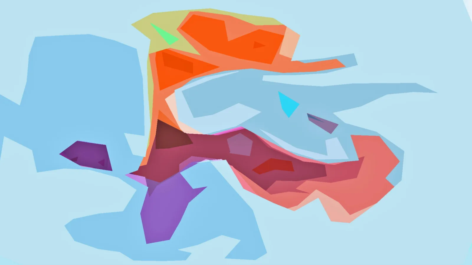 Abstrakte Komposition aus farbigen Polygonen: orangefarbene und rote Flächen in der Mitte, lila Formen und eine große hellblaue Fläche auf hellblauem Grund.