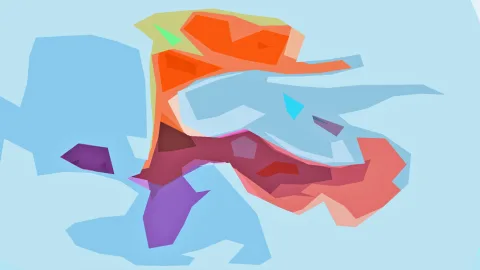 Abstrakte Komposition aus farbigen Polygonen: orangefarbene und rote Flächen in der Mitte, lila Formen und eine große hellblaue Fläche auf hellblauem Grund.