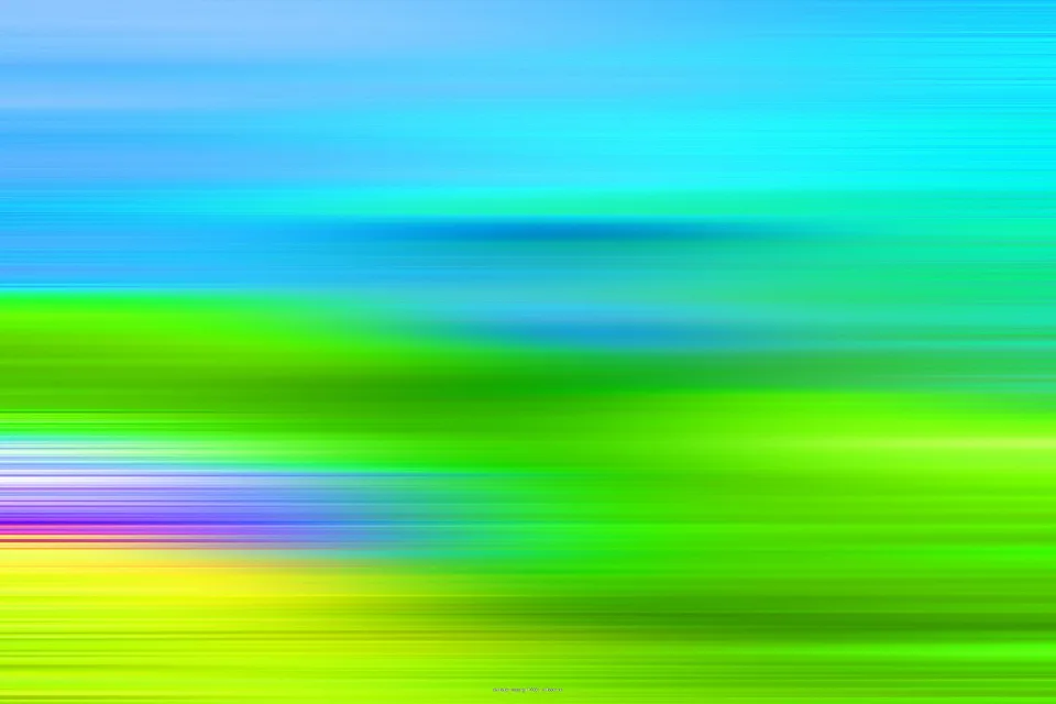 Abstraktes Bild aus horizontalen, verwischten Streifen in Blau, Grün, Gelb und Violett, oben blau, unten gelbgrün.