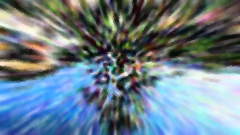 Abstrakte Komposition aus radialen Farbstreifen in Grün, Violett und Blau, die von der Mitte nach außen laufen, mit grobem Mosaikeffekt.