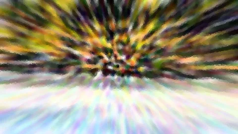 Abstraktes Bild mit radial von der Mitte nach außen laufenden Farbstreifen in Gelb, Grün, Orange und Violett, oben dunkler, unten in helle Pastelltöne übergehend, grob gerastert wie ein Mosaik.