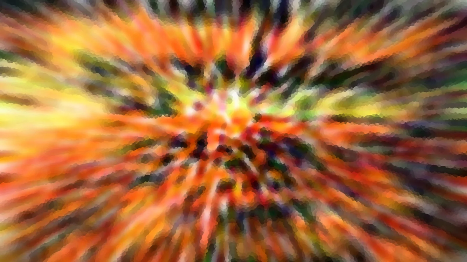 Abstraktes Bild mit orangefarbenen, gelben und grünen Streifen, die von einem hellen Zentrum in der Mitte nach außen strahlen.