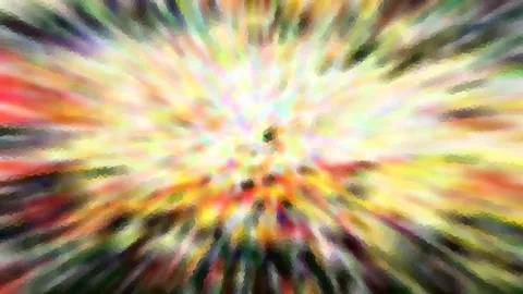 Abstrakte Explosion aus bunten Farbstreifen, die von einem dunklen Punkt in der Mitte nach außen strahlen.