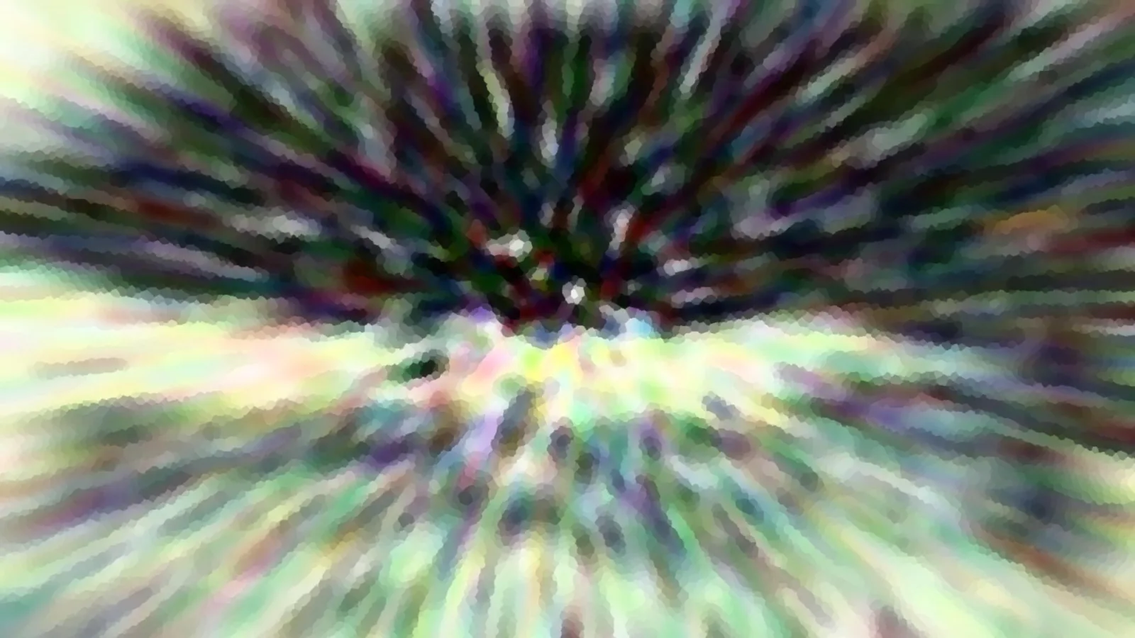 Abstrakte Komposition aus bunten, unscharfen Streifen, die von einem dunklen Zentrum am oberen Bildrand radial nach außen laufen; unten hellt das Bild auf.