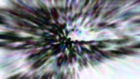 Abstrakte Komposition aus bunten Streifen in Violett, Grün und Weiß, die radial von einem dunklen Zentrum nach außen laufen, mit körniger Mosaikstruktur.