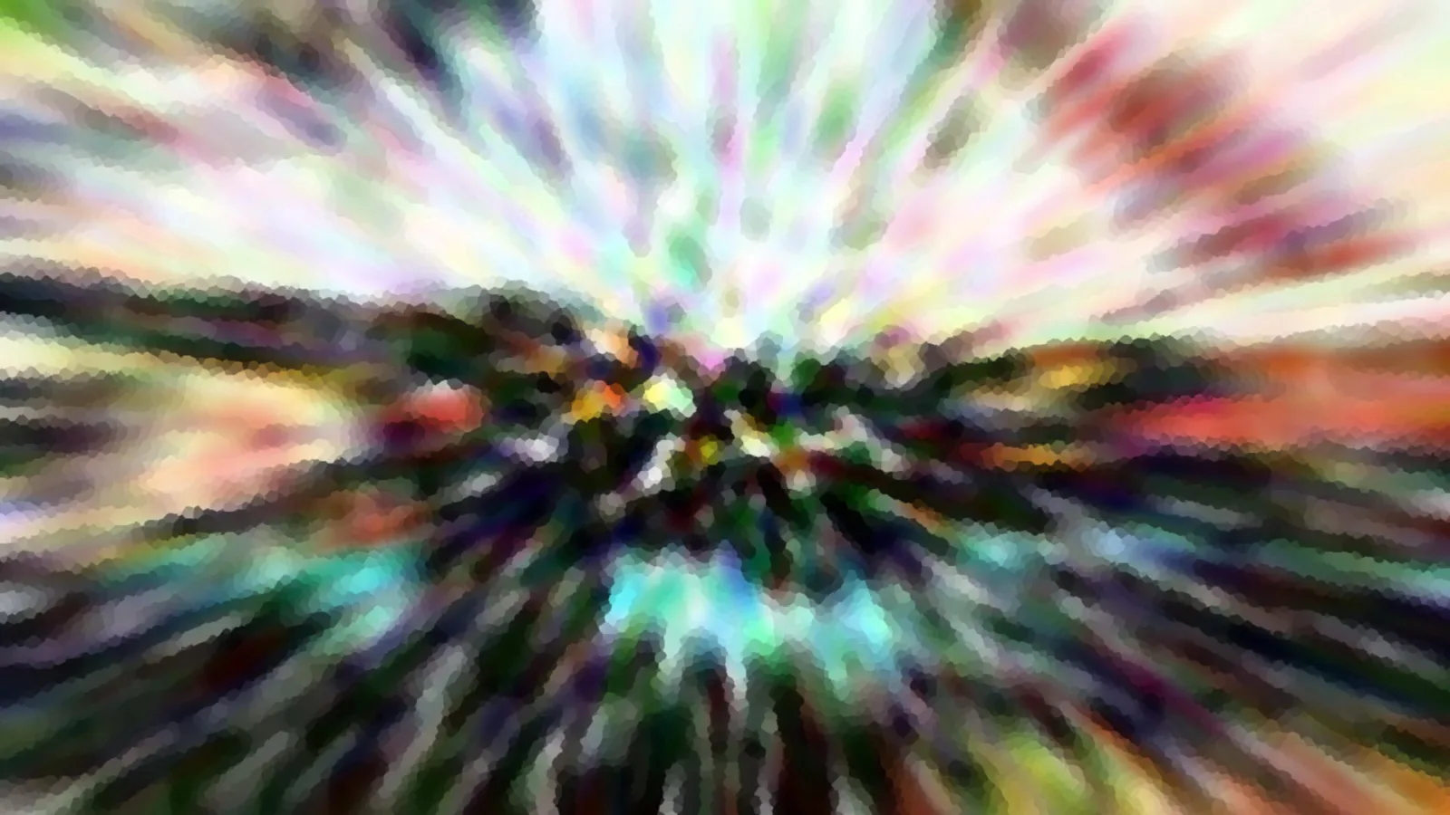 Abstraktes Bild mit radial von der Mitte nach außen laufenden Farbstreifen in Regenbogentönen, grob gepixelt wirkend, im Zentrum dunkle Flecken.