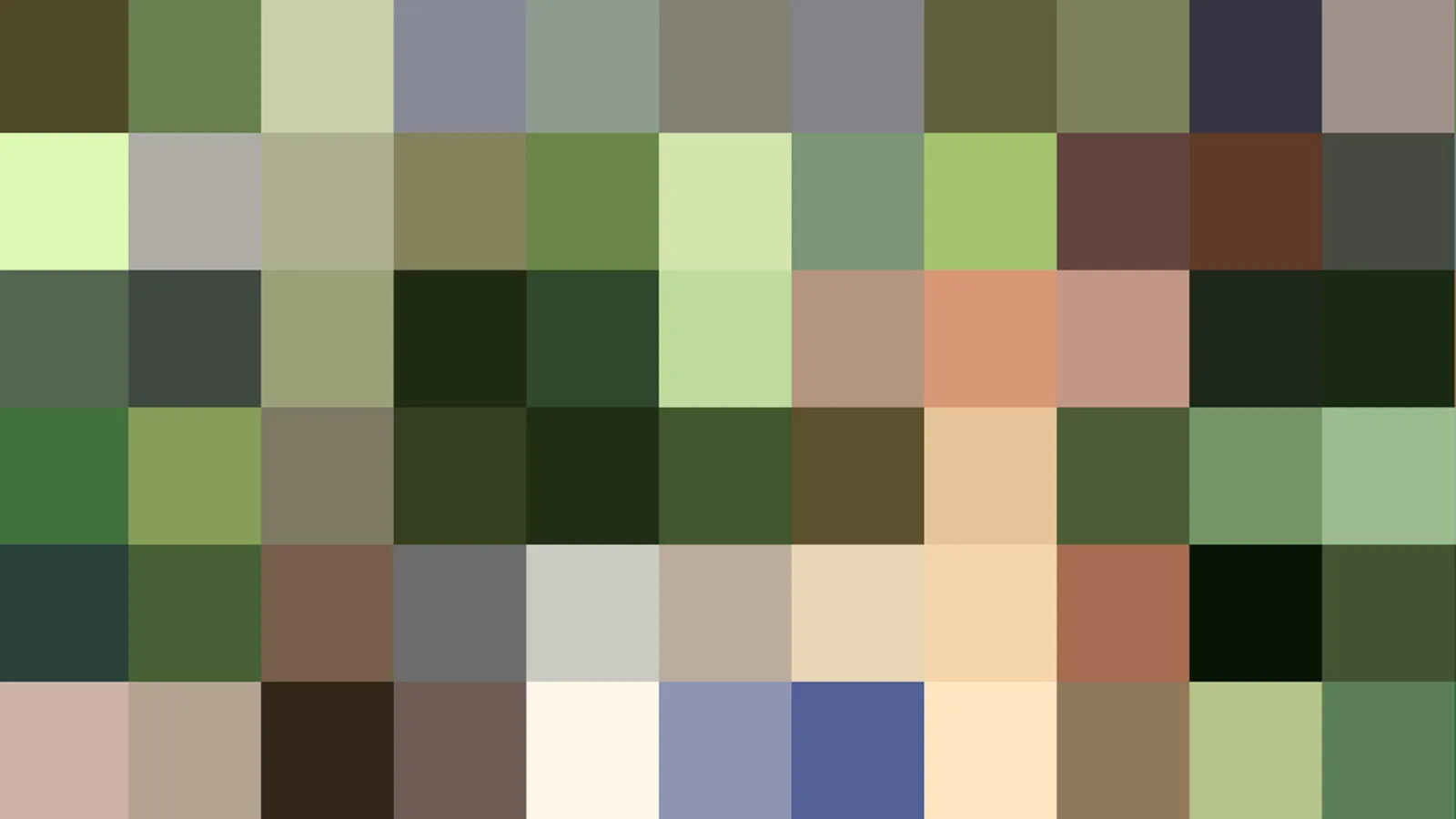 Abstraktes Mosaik aus Quadraten in Grün-, Braun-, Beige- und Blautönen, in einem Raster von zehn Spalten und sechs Reihen angeordnet.
