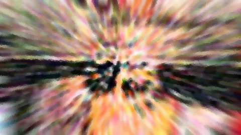 Abstrakte Komposition aus bunten, radial nach außen verlaufenden Schlieren in Rosa, Orange, Grün und Weiß, im Zentrum mit dunklen, verwischten Flecken.