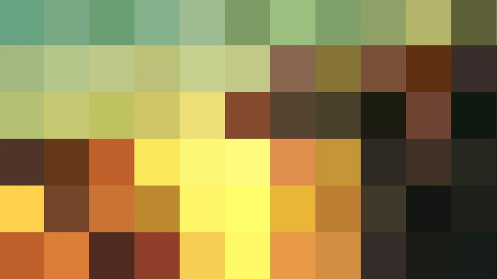 Abstraktes Mosaik aus quadratischen Farbfeldern, oben grün, in der Mitte gelb und orange, unten rechts dunkel.