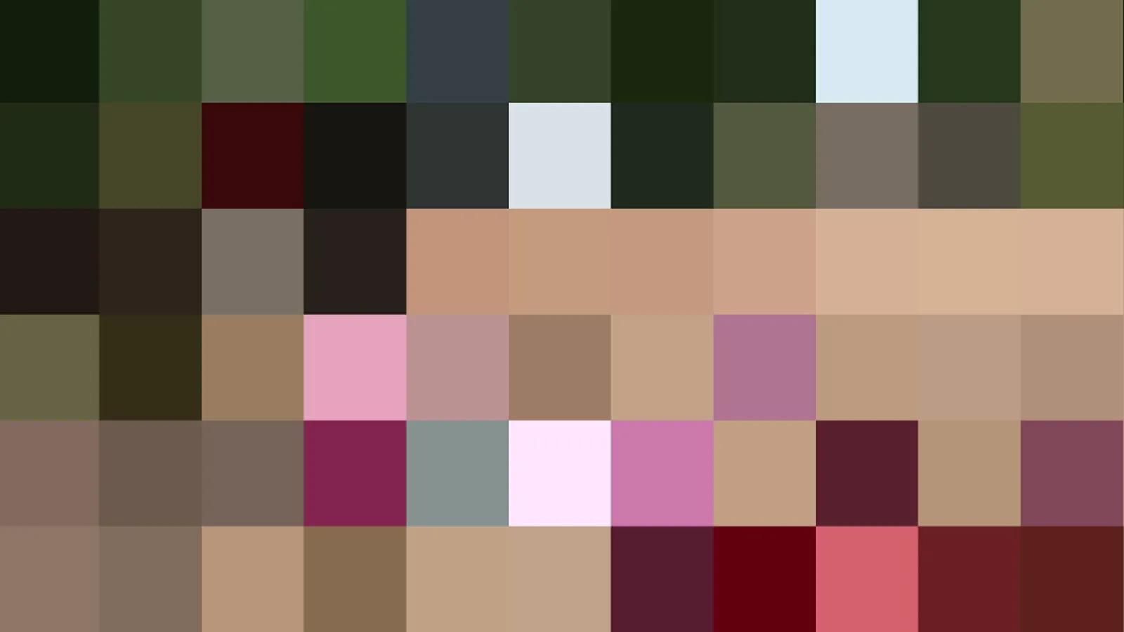Quadratisches Mosaik aus Farbblöcken in Grün, Braun, Beige, Rosa und Dunkelrot, in neun bis zehn Reihen angeordnet.