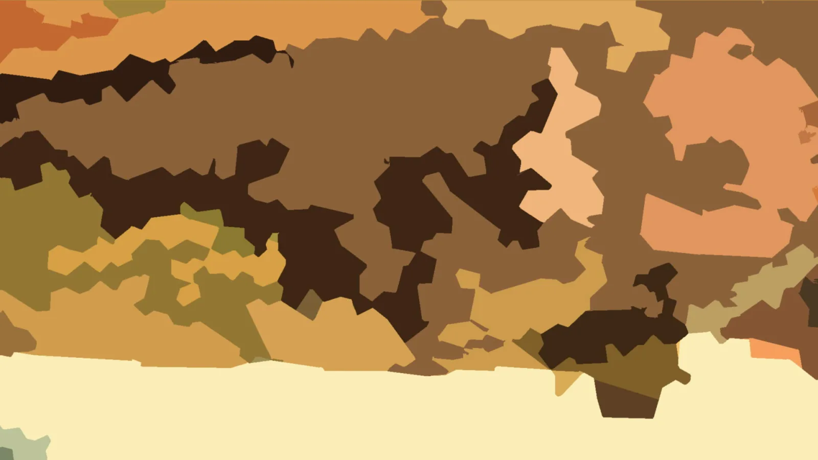 Abstraktes Muster aus unregelmäßigen, flachen Flächen in Braun-, Ocker- und Olivtönen mit hellen Beige-Akzenten und einem cremefarbenen Streifen am unteren Rand.