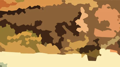 Abstraktes Muster aus unregelmäßigen, flachen Flächen in Braun-, Ocker- und Olivtönen mit hellen Beige-Akzenten und einem cremefarbenen Streifen am unteren Rand.