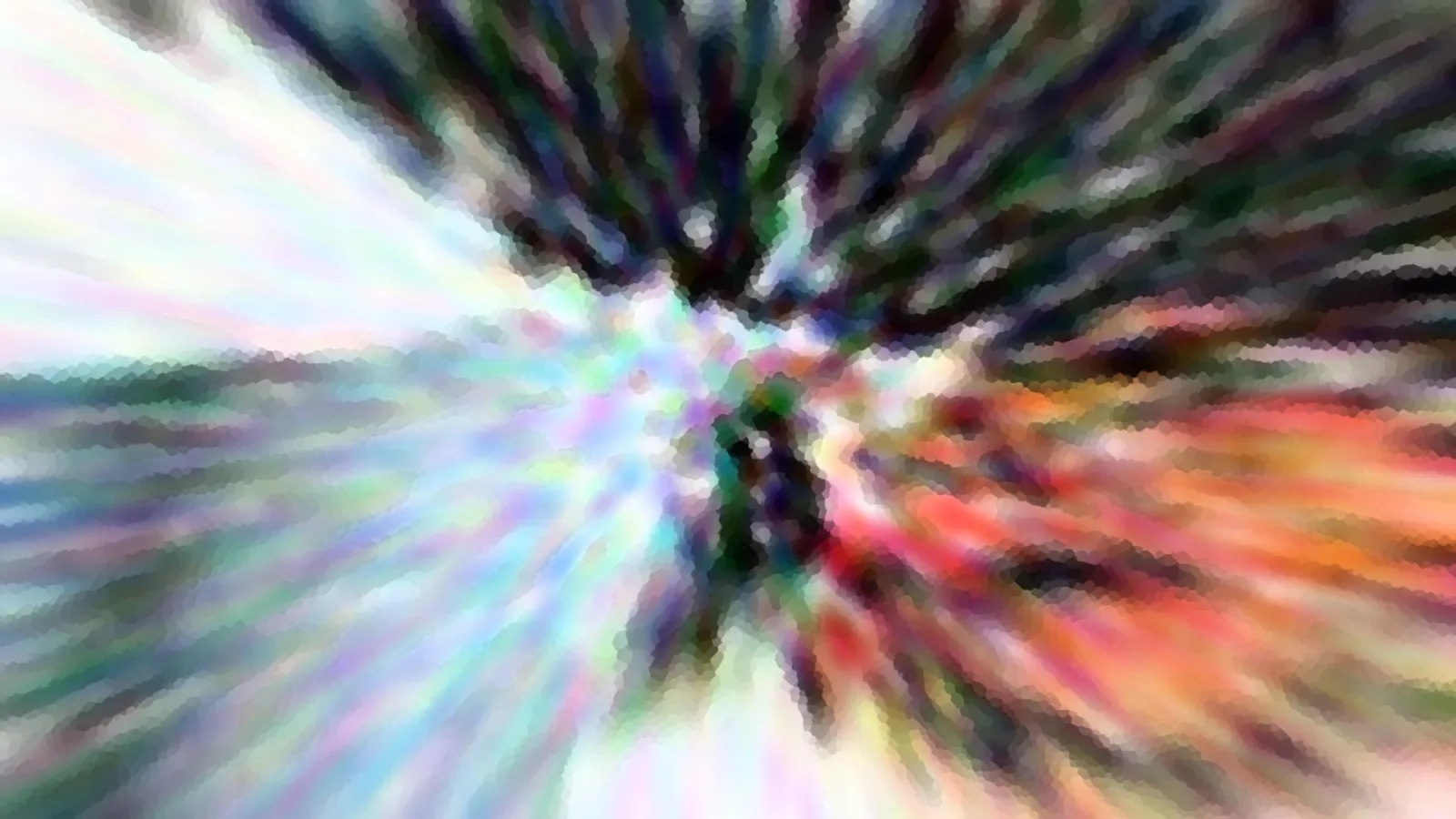 Abstrakte Komposition aus bunten Farbstreifen, die radial von einem hellen Zentrum nach außen laufen, mit grobem Pixelraster.