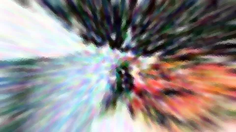 Abstrakte Komposition aus bunten Farbstreifen, die radial von einem hellen Zentrum nach außen laufen, mit grobem Pixelraster.