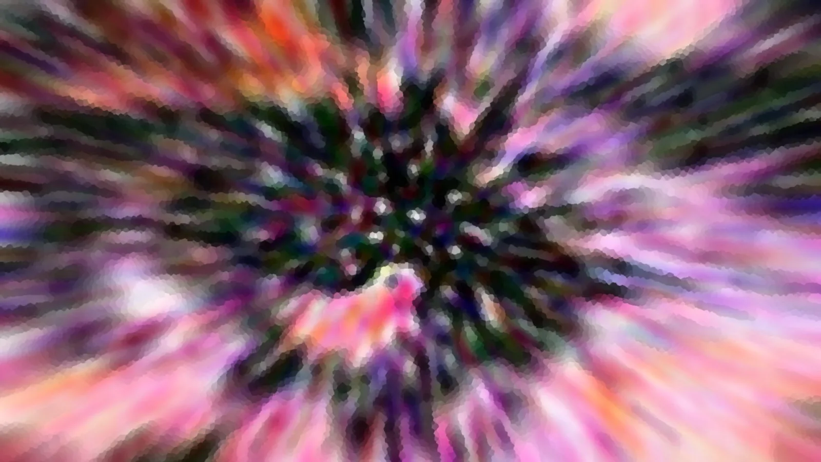 Abstrakte Komposition aus pinken, violetten und grünen Schlieren, die von einem dunklen Zentrum radial nach außen strahlen, pixelig verwischt.