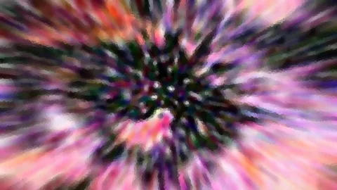 Abstrakte Komposition aus pinken, violetten und grünen Schlieren, die von einem dunklen Zentrum radial nach außen strahlen, pixelig verwischt.