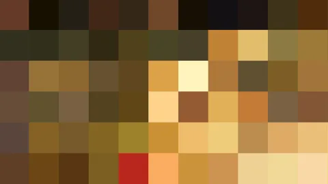 Abstraktes Mosaik aus quadratischen Pixeln in Braun-, Ocker- und Gelbtönen, eine rote Zelle sticht im unteren Drittel hervor.