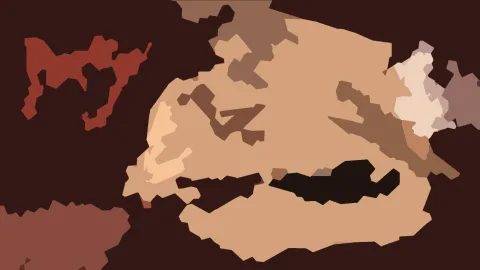 Abstrakte Komposition aus organischen Flächen in Braun, Sand, Rotbraun und Schwarz auf dunklem Hintergrund.