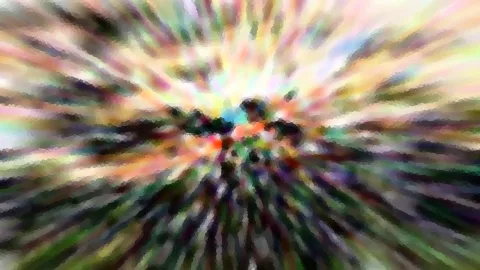 Abstrakte Komposition mit radialem Zoomeffekt in Regenbogenfarben, die von einem dunklen Zentrum nach außen strahlen, mosaikartig pixelig.