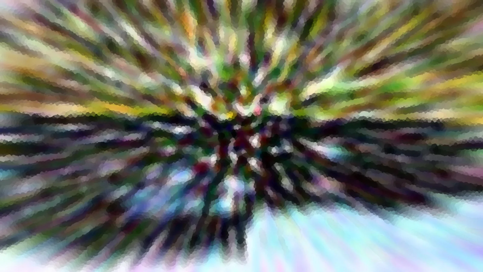 Abstraktes Bild mit bunten Farbstrahlen, die von einem dunklen Zentrum in der Mitte nach außen laufen, grün, gelb, violett und hellblau.