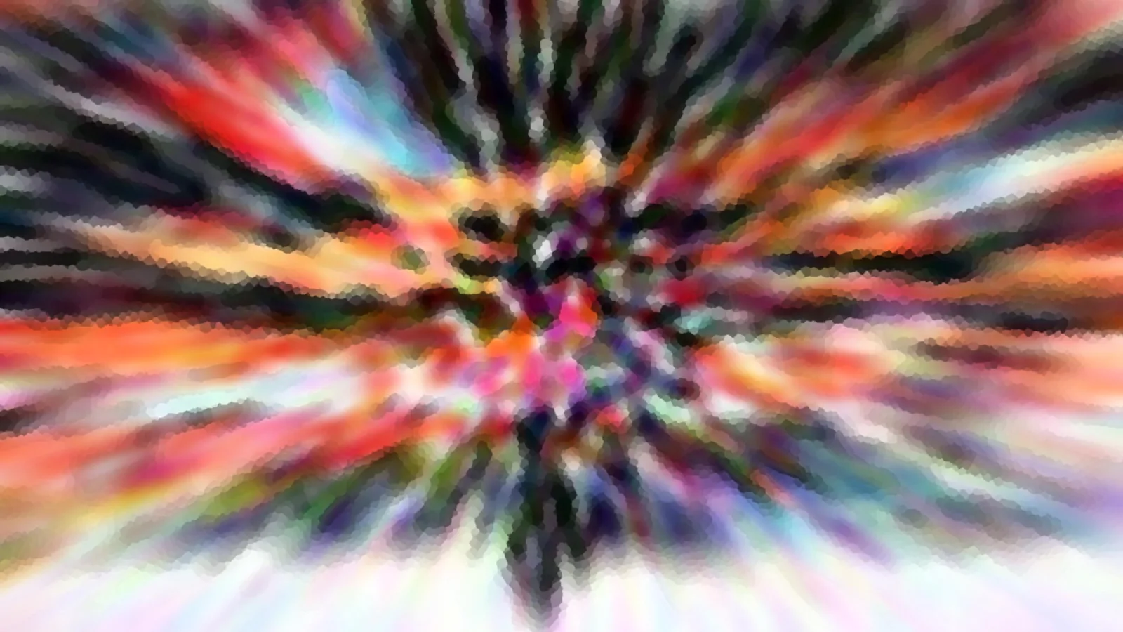 Abstraktes Bild mit radial von einem dunklen Zentrum nach außen verlaufenden Farbstrahlen in Rot, Orange, Violett, Grün und Weiß, leicht mosaikartig verpixelt.