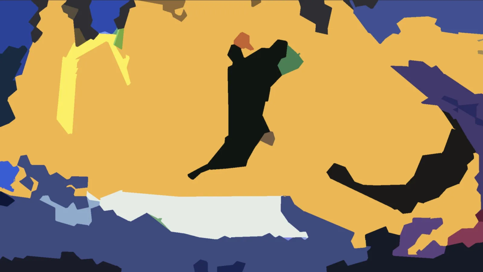 Abstrakte Komposition aus flächigen Formen: große orangegelbe Fläche, eine schwarze, organisch geformte Figur in der Mitte, eine schwarze Schwingung rechts, dunkelblaue und weiße Flächen am unteren Rand.