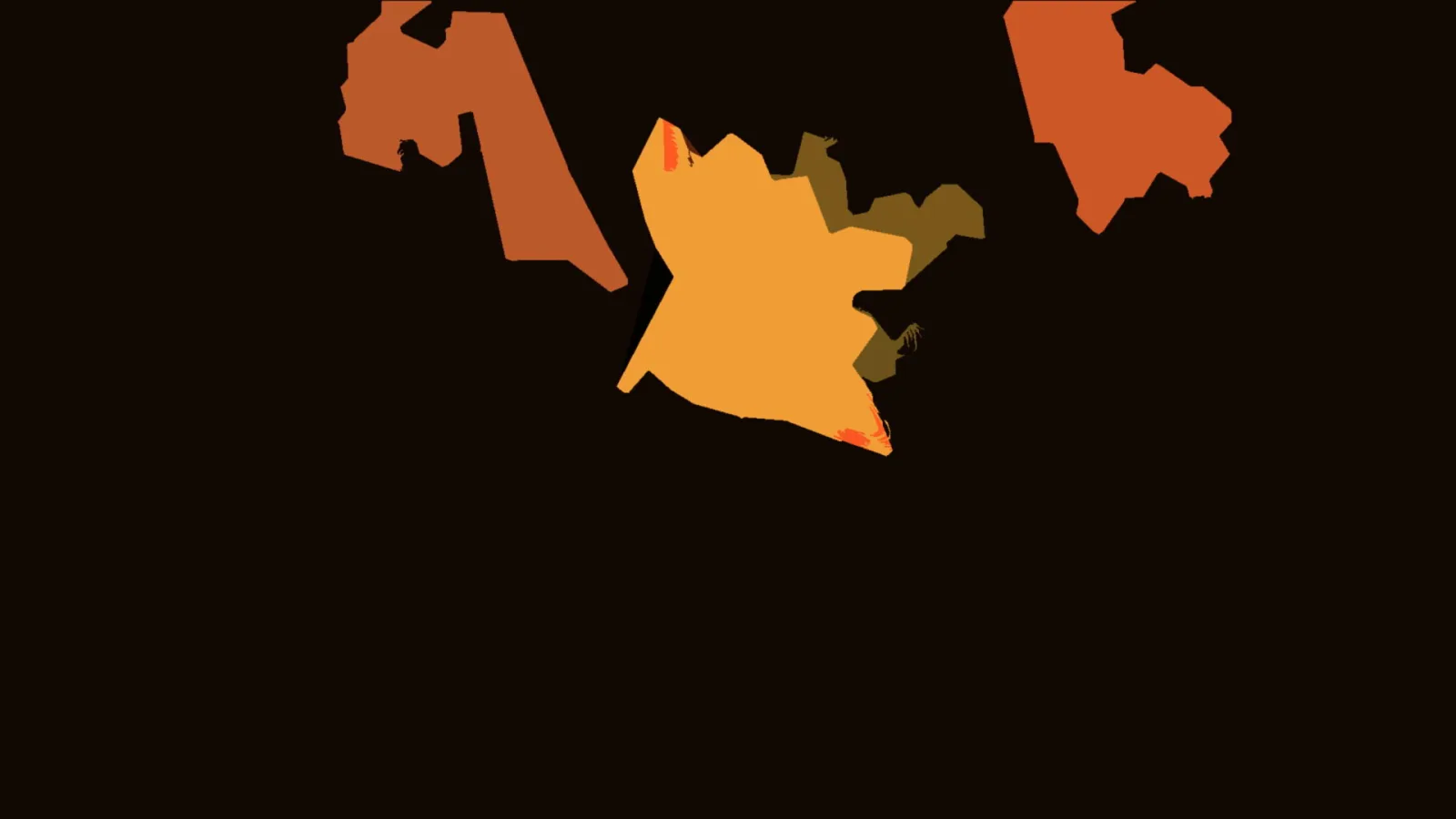 Abstrakte orangefarbene und gelbe Formen auf fast schwarzem Hintergrund, im Zentrum eine größere gelbe Fläche.
