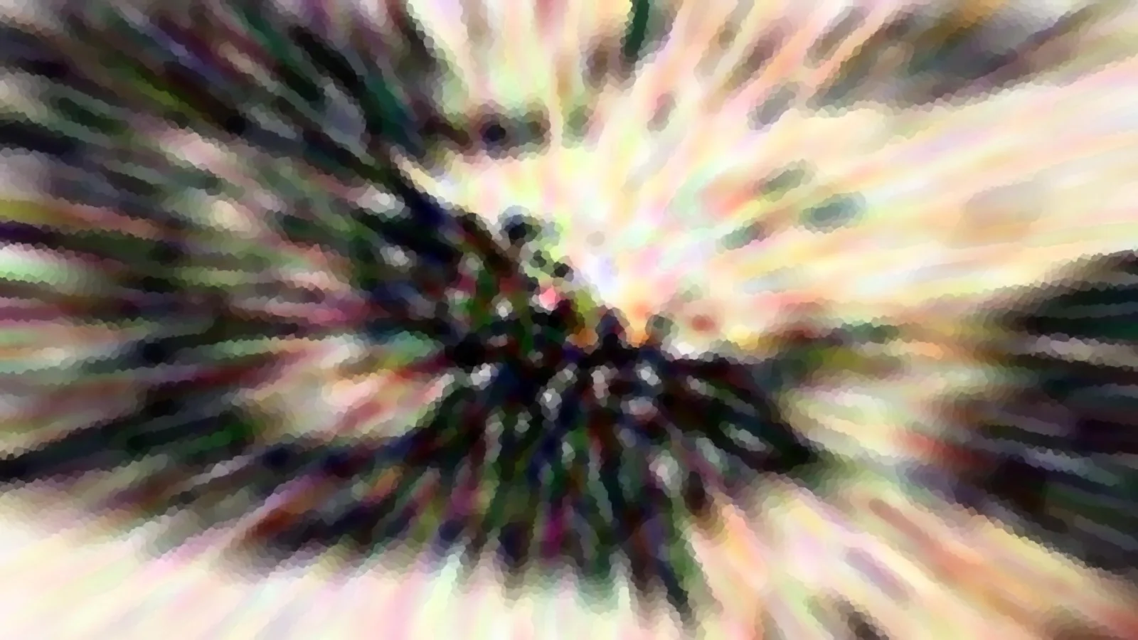 Abstrakte Komposition aus bunten, pixeligen Streifen, die von einem dunklen Zentrum in der Bildmitte radial nach außen strahlen; oben rechts und unten links helle Pastelltöne.