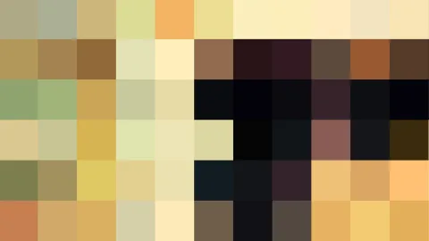 Mosaik aus quadratischen Farbfeldern in Gelb, Beige, Braun und Schwarz, oben hell, unten dunkler