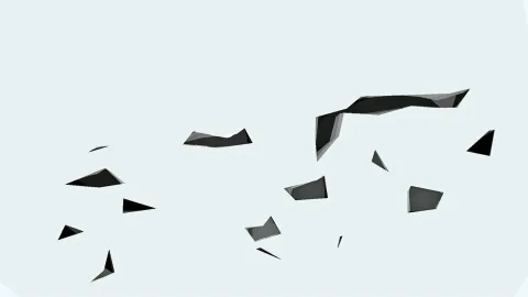Mehrere schwarze und graue kantige Scherben schweben verteilt auf hellblaugrauem Hintergrund, die größte Form zieht sich oben rechts quer durch das Bild.