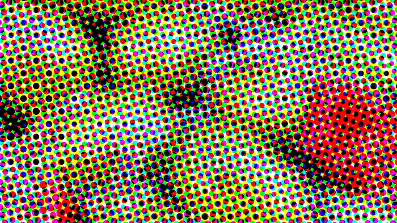 Dichtes Raster aus bunten Punkten in Rot, Grün, Gelb, Blau und Magenta, durchzogen von schwarzen Schlieren, rechts unten eine rote Fläche.