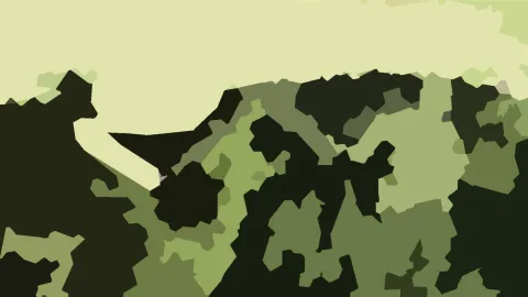 Abstrakte Komposition aus unregelmäßigen grünen und dunkelgrünen Flächen, oben ein helles Gelbgrün.
