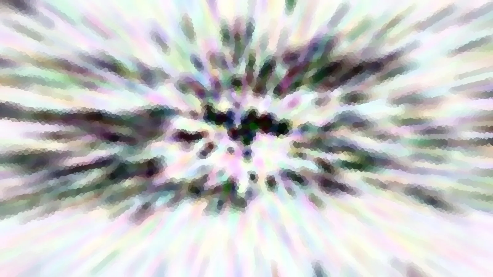 Abstraktes Bild mit radialem Zoomeffekt in Weiß, Grün und Violett, im Zentrum eine dunkle, körnige Verdichtung.