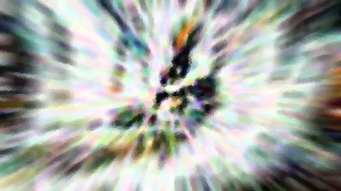 Abstraktes Bild mit radial von der Mitte nach außen laufenden, bunten Schlieren in Pastelltönen, in der Mitte dunkle, verklumpte Flecken.