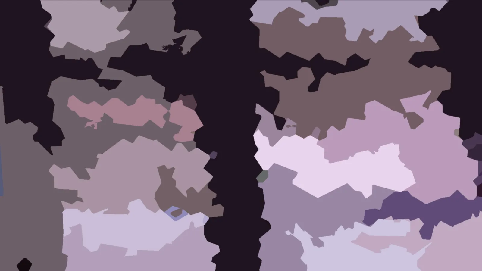 Abstraktes Muster aus unregelmäßigen Flächen in Mauve, Rosa und Dunkelviolett, durch einen schwarzen Streifen in der Mitte getrennt.