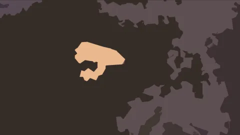 Abstrakte Komposition: Ein ockerfarbener, unregelmäßig geformter Fleck liegt links der Bildmitte auf dunkelbraunem Grund, rechts und oben stehen hellere graubraune Flächen mit zackigen Kanten.