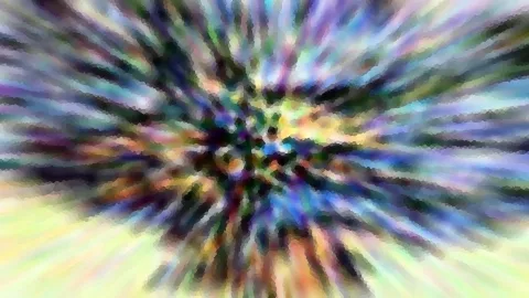 Abstraktes Bild mit bunten Farbstreifen, die von einem dunklen Zentrum in der Mitte radial nach außen laufen, zum Teil verwischt und mosaikartig gepixelt.