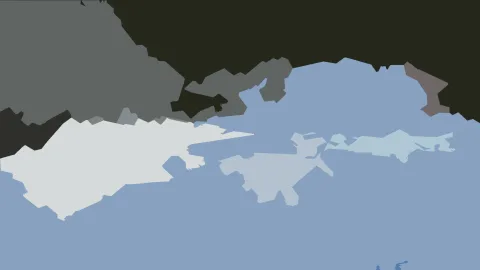 Abstrakte Komposition aus grauen, olivschwarzen und hellblauen Flächen mit gezackten Rändern.