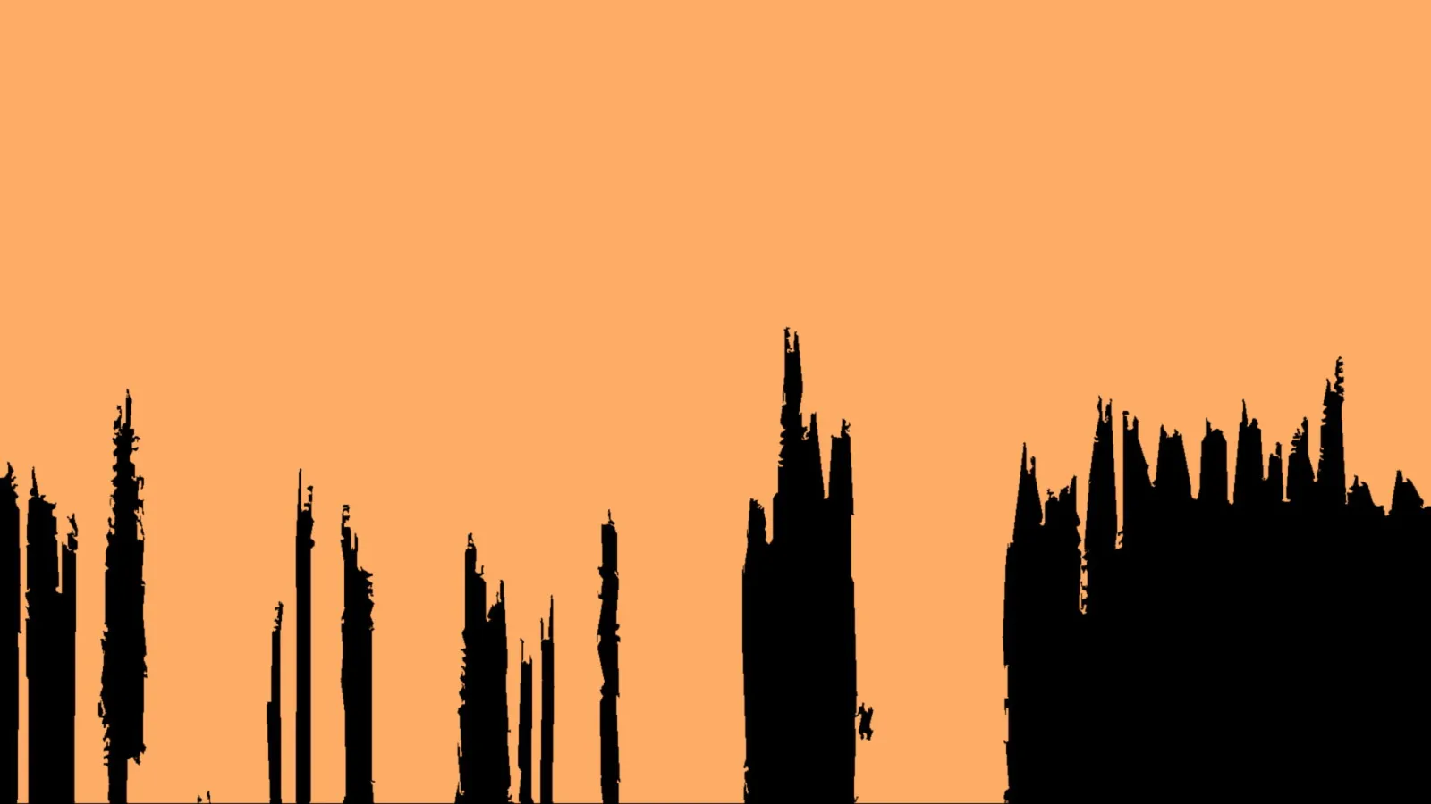 Schwarze, pinselartige Silhouetten ragen von unten in die Höhe vor einem orangefarbenen Hintergrund.