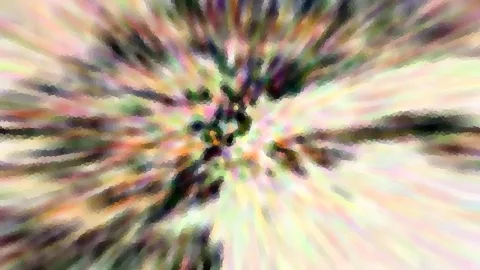 Abstrakte Komposition aus pastellfarbenen Streifen, die vom Zentrum radial nach außen laufen, durchsetzt mit dunklen Grün- und Violetttönen.