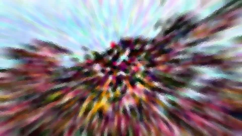 Abstrakte Komposition aus bunten, radial verwischten Farbstrahlen in Pink, Gelb, Grün und Türkis, im Zentrum ein dunkler Knoten aus Farbflecken.