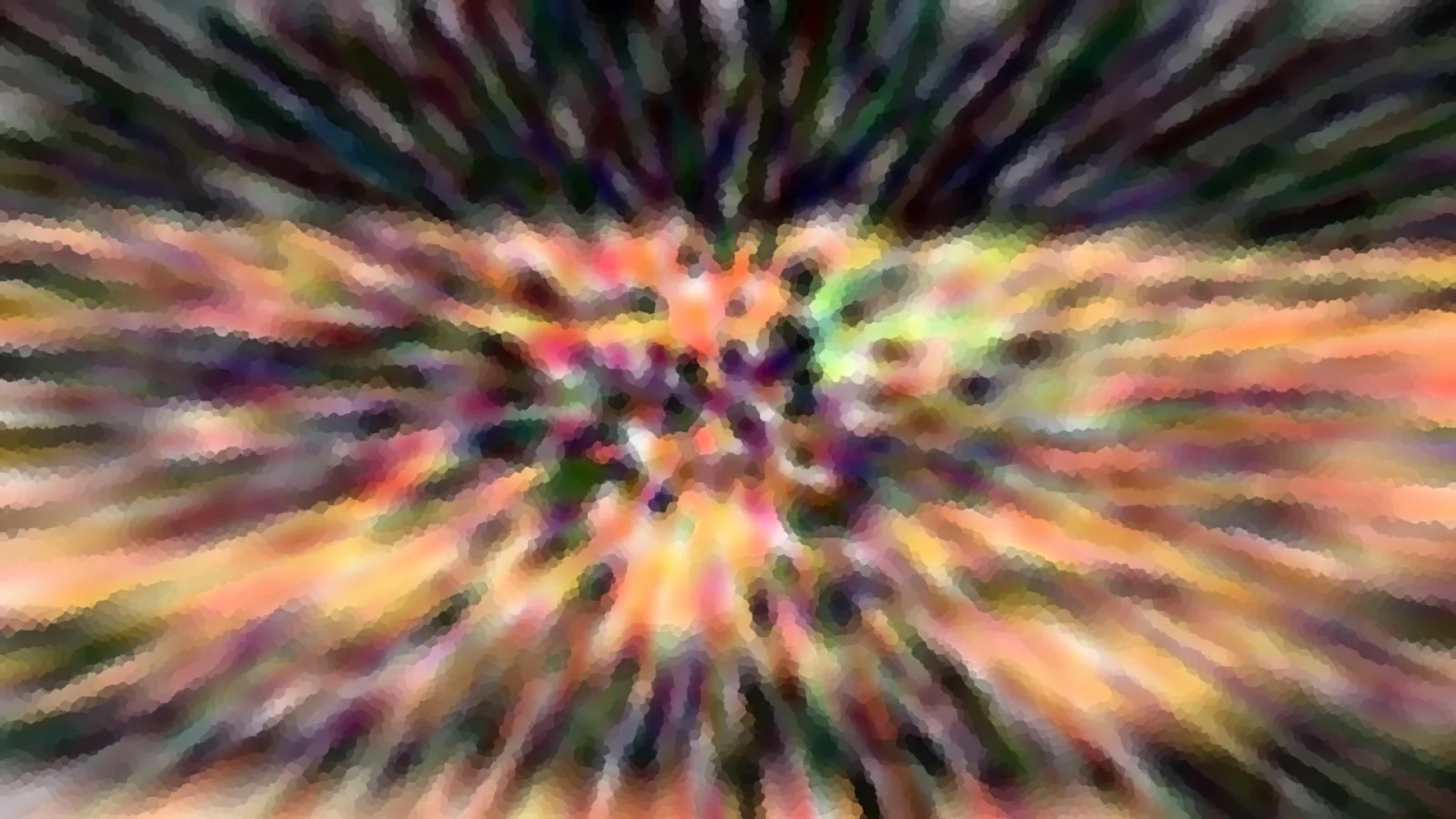 Abstrakte Komposition aus bunten Farbstreifen, die radial von einem dunklen Zentrum aus nach außen laufen, mit mosaikartig verwischter Pixelstruktur.