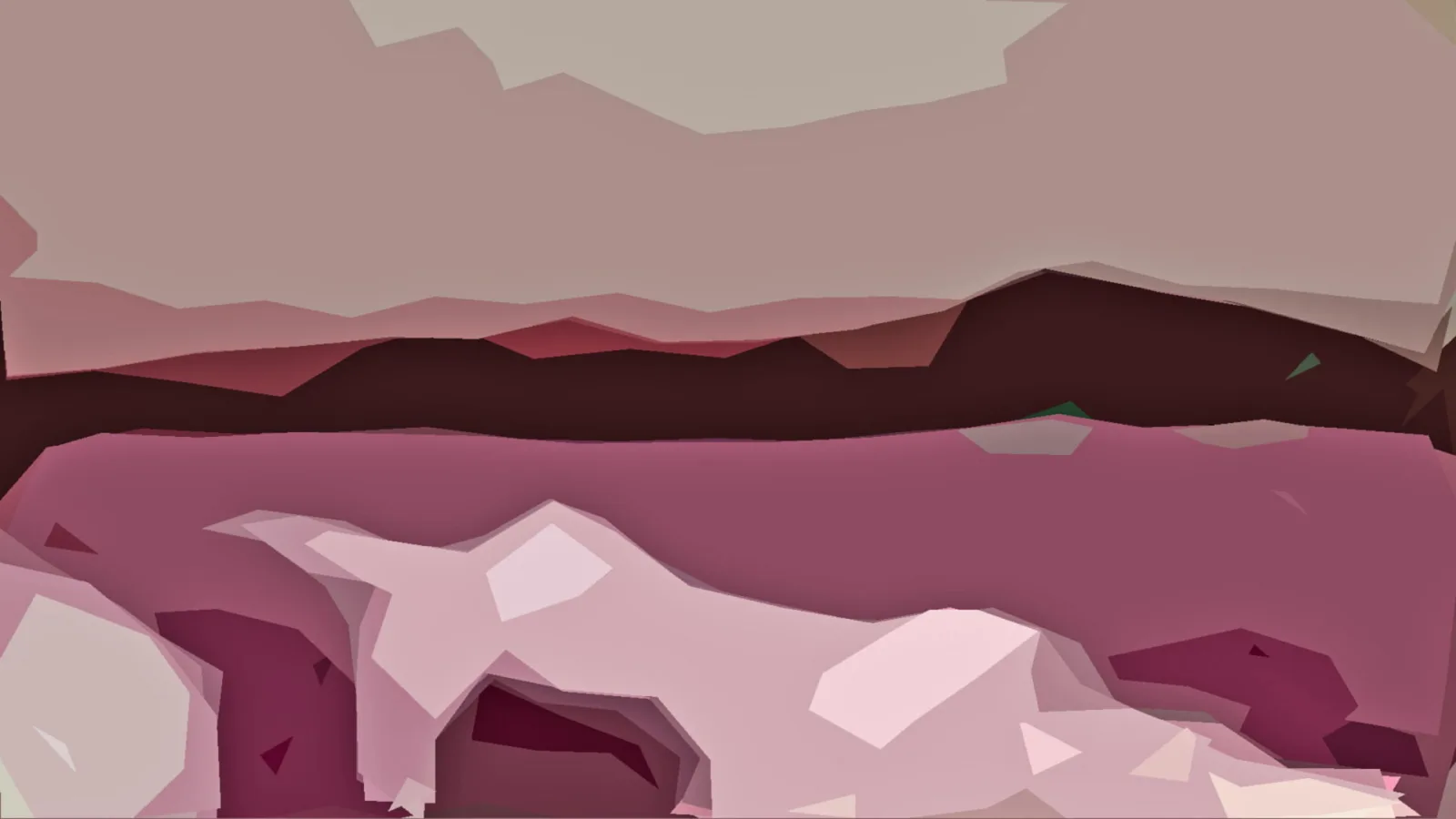 Abstrakte Landschaft aus kantigen rosafarbenen Felsen und dunklen Bergkämmen unter hellem Himmel.